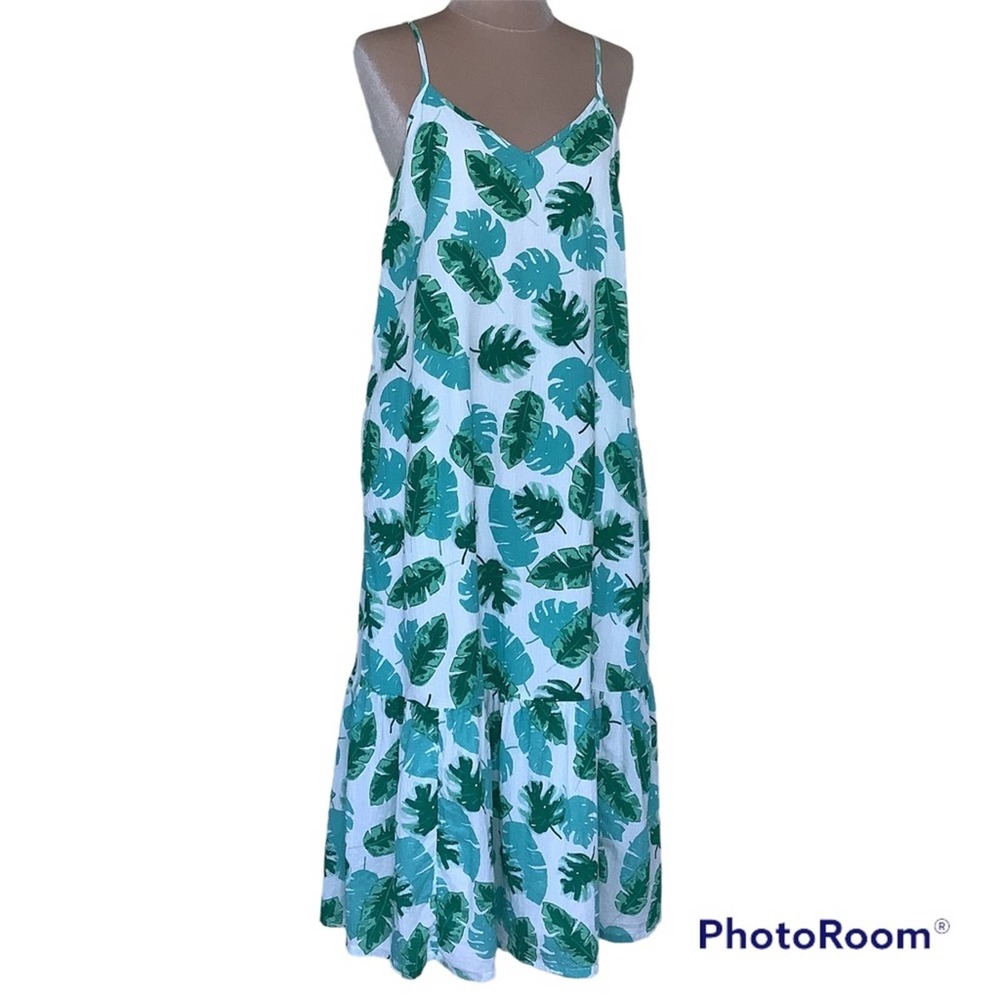 Re-Imagined by J. Crew Monstera Plant Print Crinkled Cotton Pullover Sun Dress